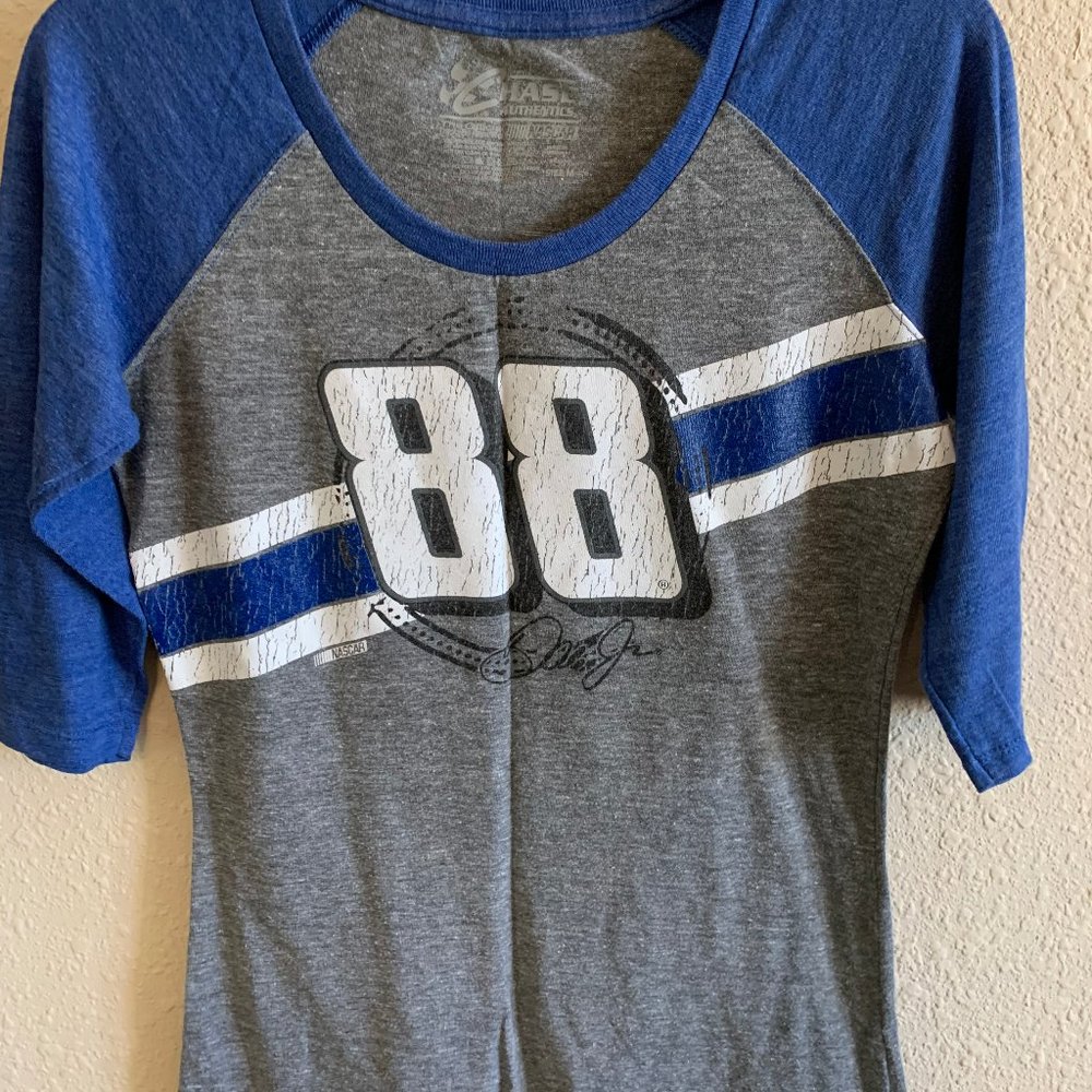 Nascar Dale Jr 88 Womens size Medium Gray Blue Raglan Sleeve Tshirt